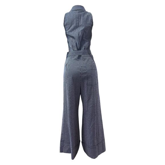 Anthropologie Maeve Size 10 Jumpsuit Wide Leg Blue Collared Striped Modern Chic - Picture 7 of 15
